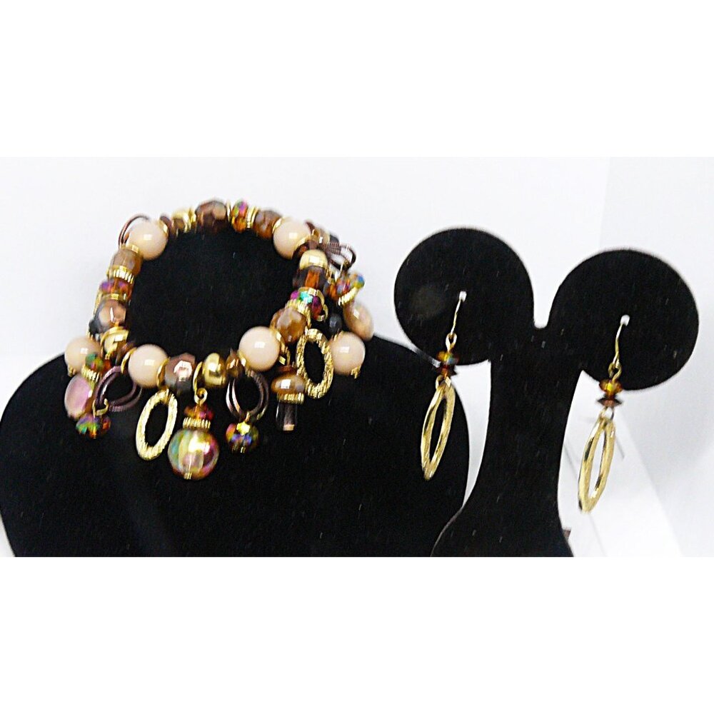 Vintage Charm Bracelet & Earring Set - Beaded Gold Tone Iridescent Accents - Picture 1 of 3